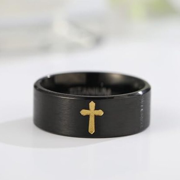 Pure Titanium Cross Ring for Men, Christian 8MM Black - Picture 1 of 4
